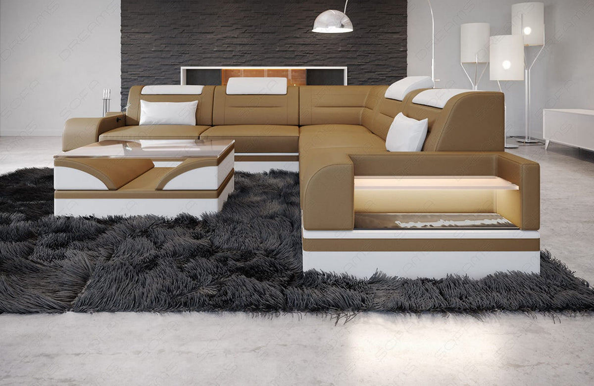 Ecksofa Trivento L-Form aus Leder sandbeige-weiß