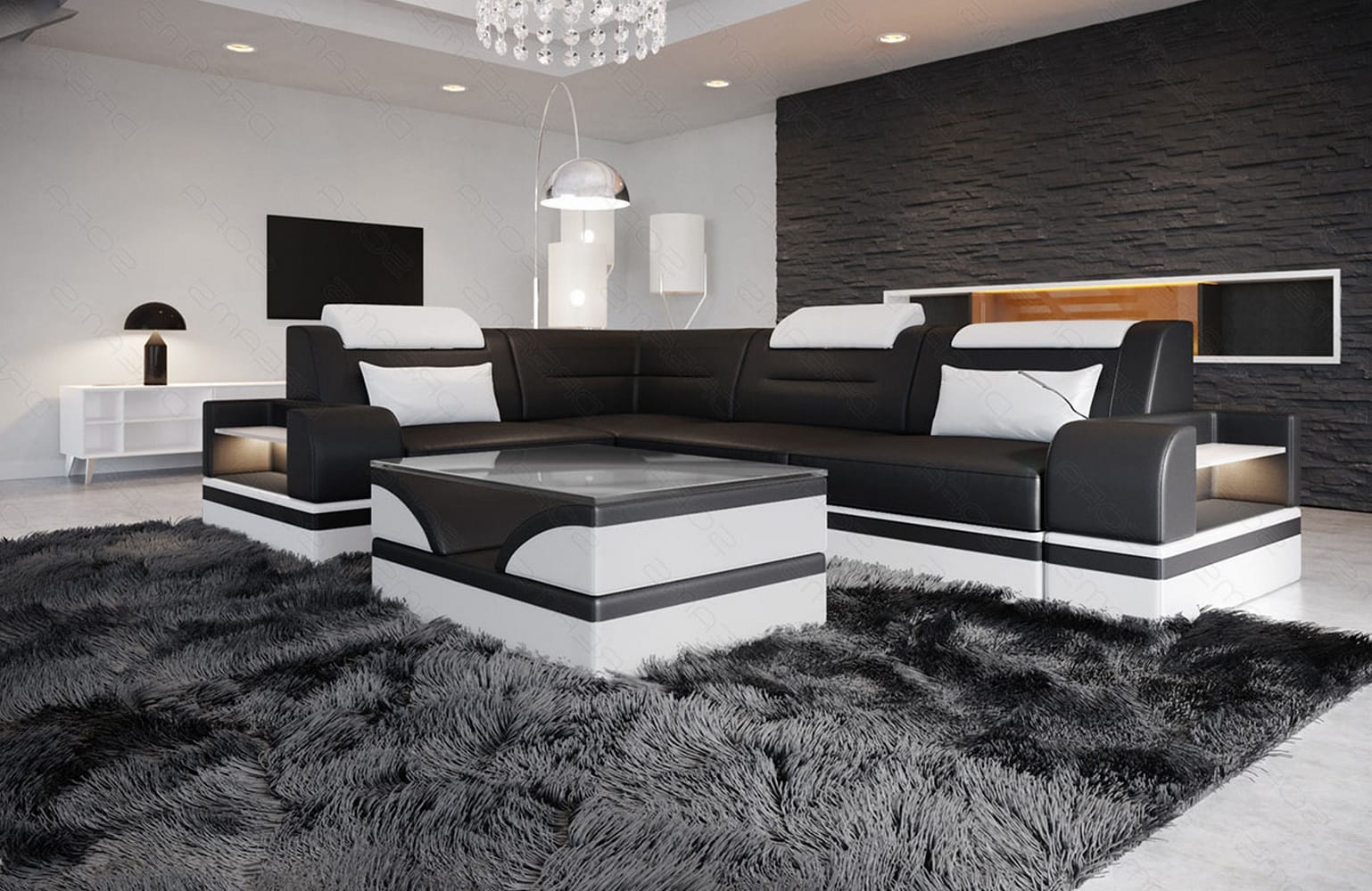 Mini Ecksofa Trivento Kompakt L-Form in Leder Schwarz-Weiss