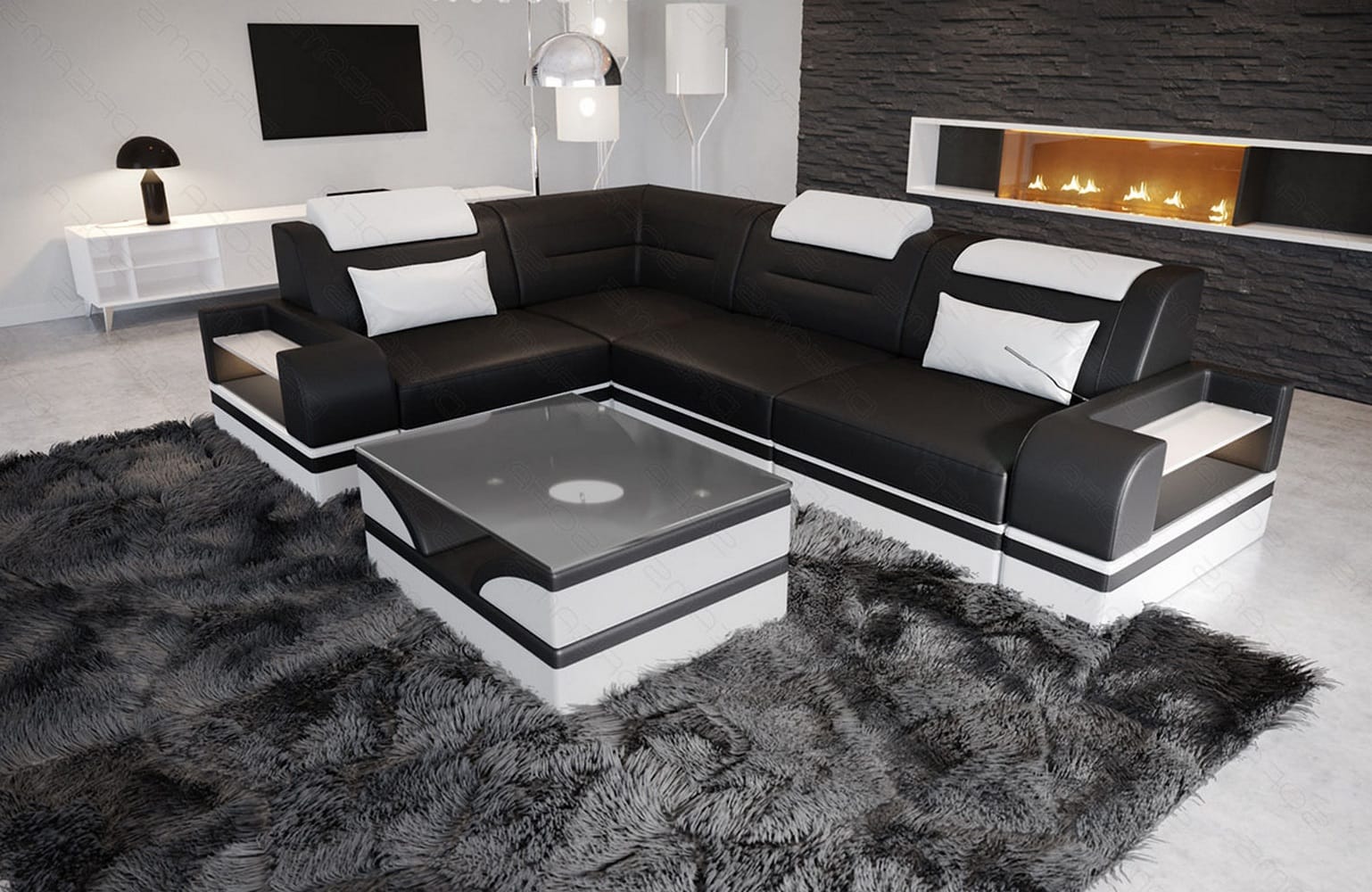 Mini Ecksofa Trivento Kompakt L-Form in Leder Schwarz-Weiss