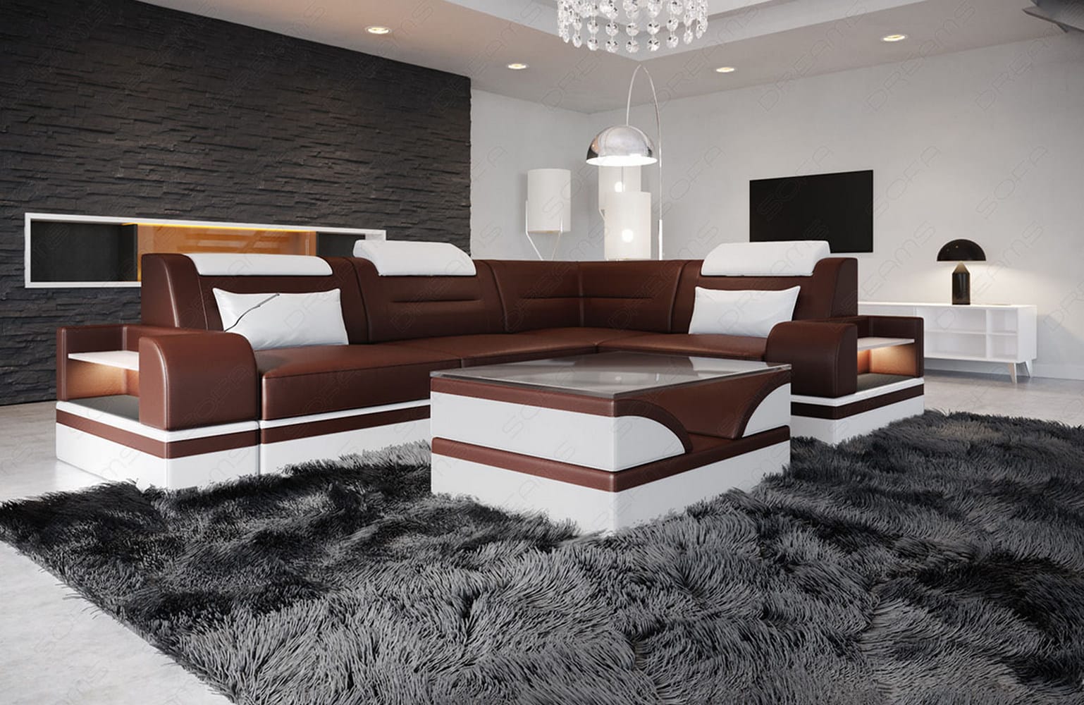 Mini Ecksofa Trivento Kompakt L Form dunkelbraun-weiss