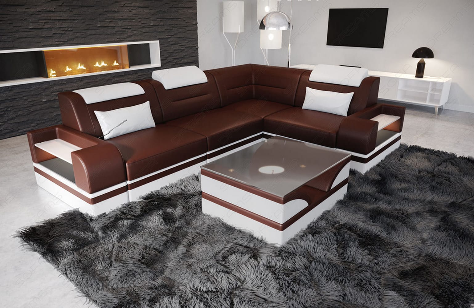 Mini Ecksofa Trivento Kompakt L Form dunkelbraun-weiss