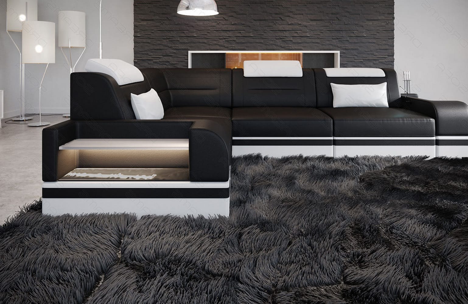 Mini Ecksofa Trivento Kompakt L-Form in Leder Schwarz-Weiss