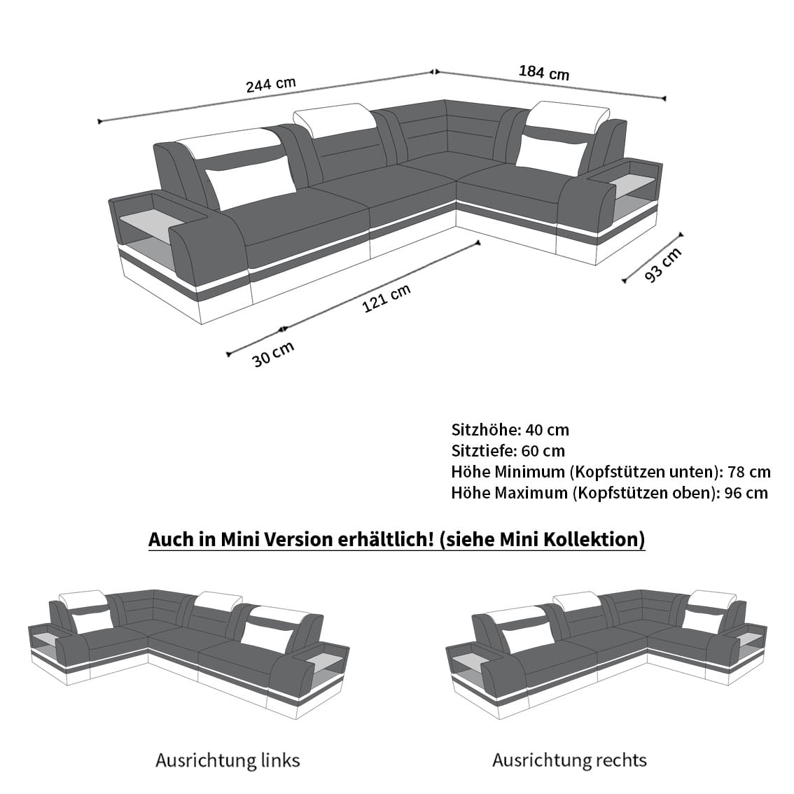 Mini Ecksofa Trivento L-Form – Kompakt und Komfortabel Schwarz-Weiss