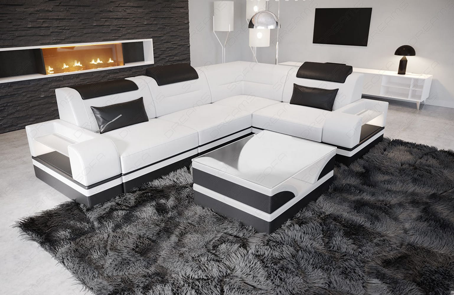 Mini Ecksofa Trivento Kompakt L Form weiss-schwarz