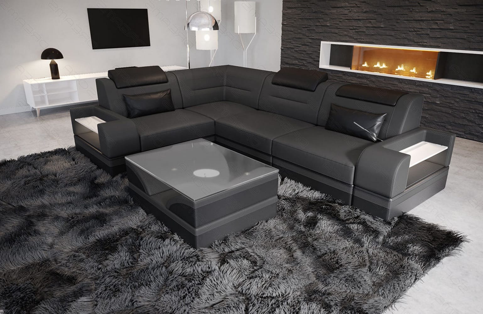 Couch Trivento L-Form in Leder grau-schwarz