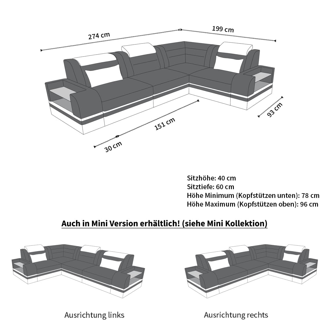 Couch Trivento L-Form in Leder grau-schwarz