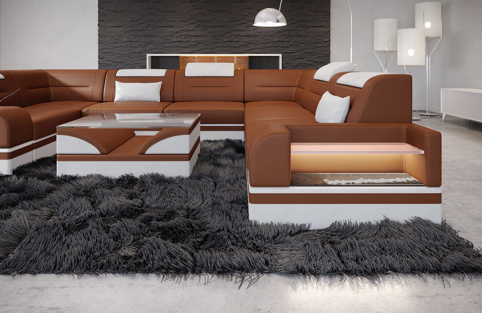 Mini Leder Wohnlandschaft Trivento – Modern und Elegant Hellbraun-Weiß