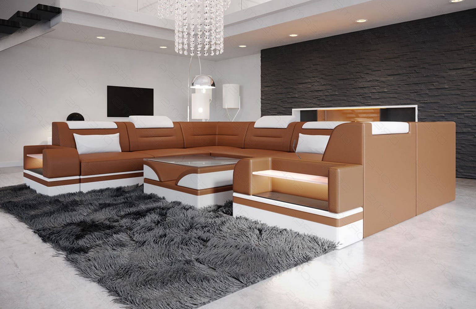 Mini Leder Wohnlandschaft Trivento – Modern und Elegant Hellbraun-Weiß