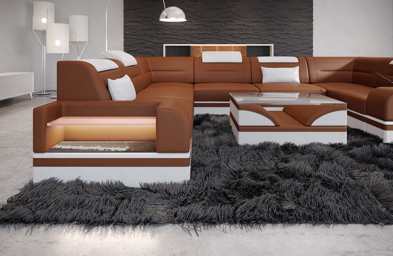 Mini Leder Wohnlandschaft Trivento – Modern und Elegant Hellbraun-Weiß