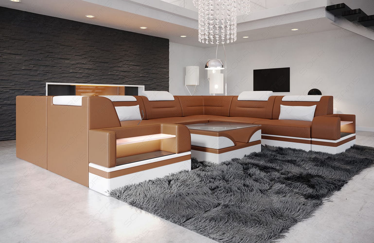 Mini Leder Wohnlandschaft Trivento – Modern und Elegant Hellbraun-Weiß