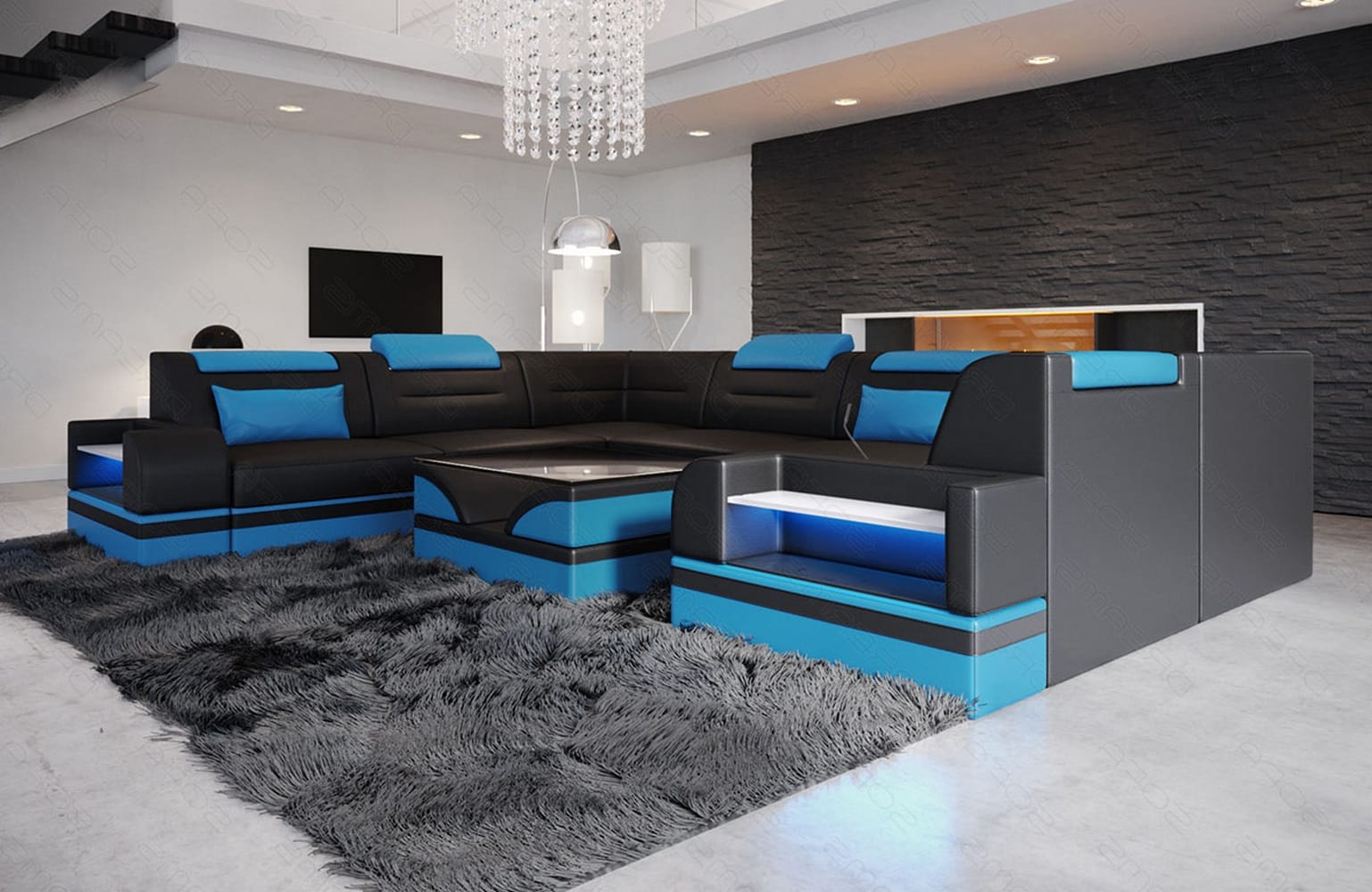 Mini Leder Wohnlandschaft Trivento – Modern und Elegant Schwarz-Blau