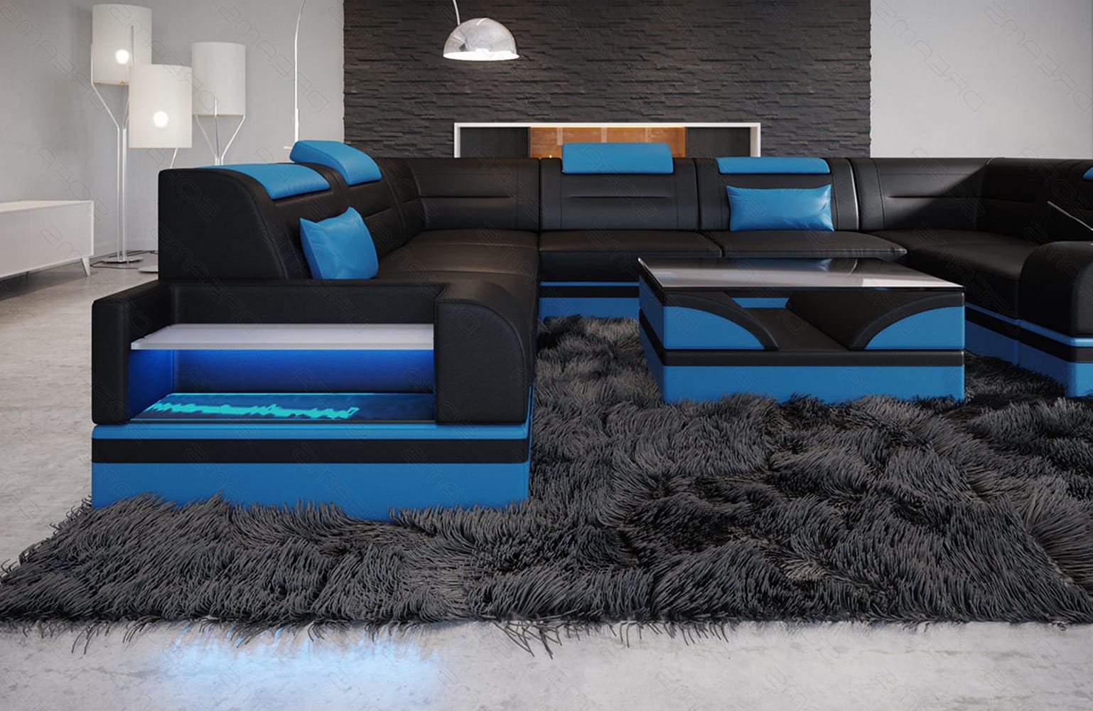 Mini Leder Wohnlandschaft Trivento – Modern und Elegant Schwarz-Blau