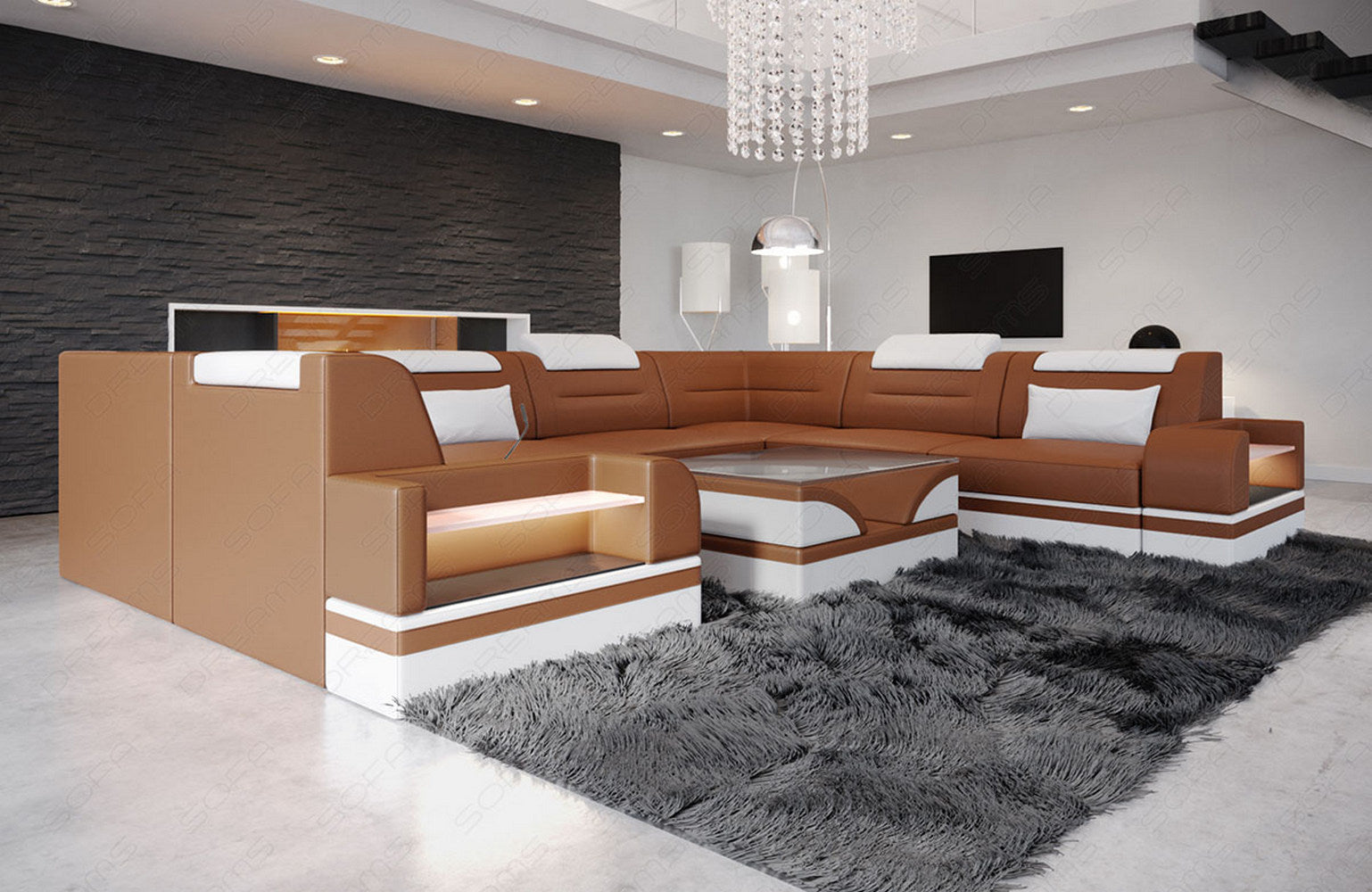 Leder Wohnlandschaft Trivento – Luxus & Komfort hellbraun-weiß
