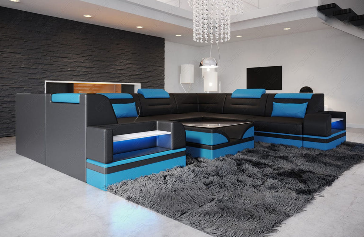 Leder Couch Trivento U-Form schwarz-blau