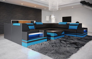 Leder Couch Trivento U-Form schwarz-blau