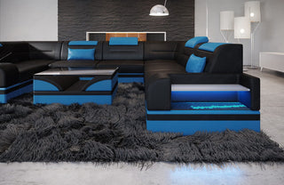 Leder Couch Trivento U-Form schwarz-blau