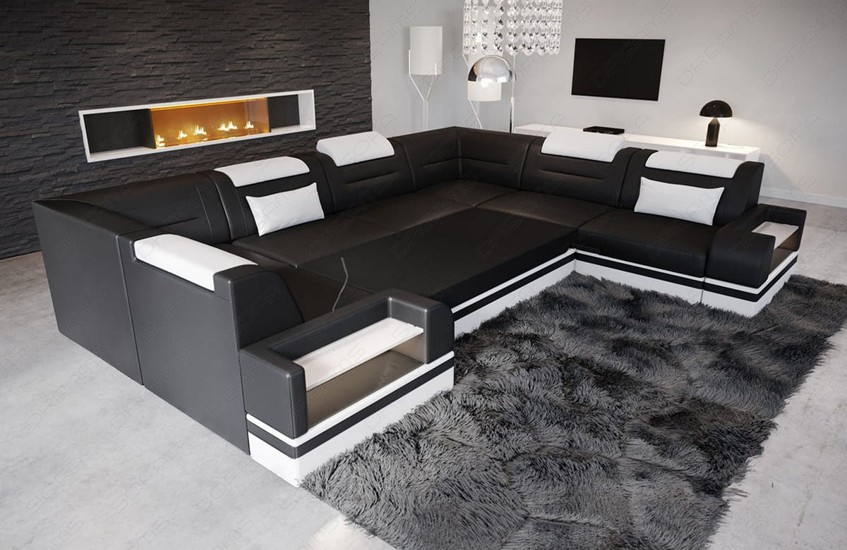 Leder Couch Trivento U-Form schwarz-blau