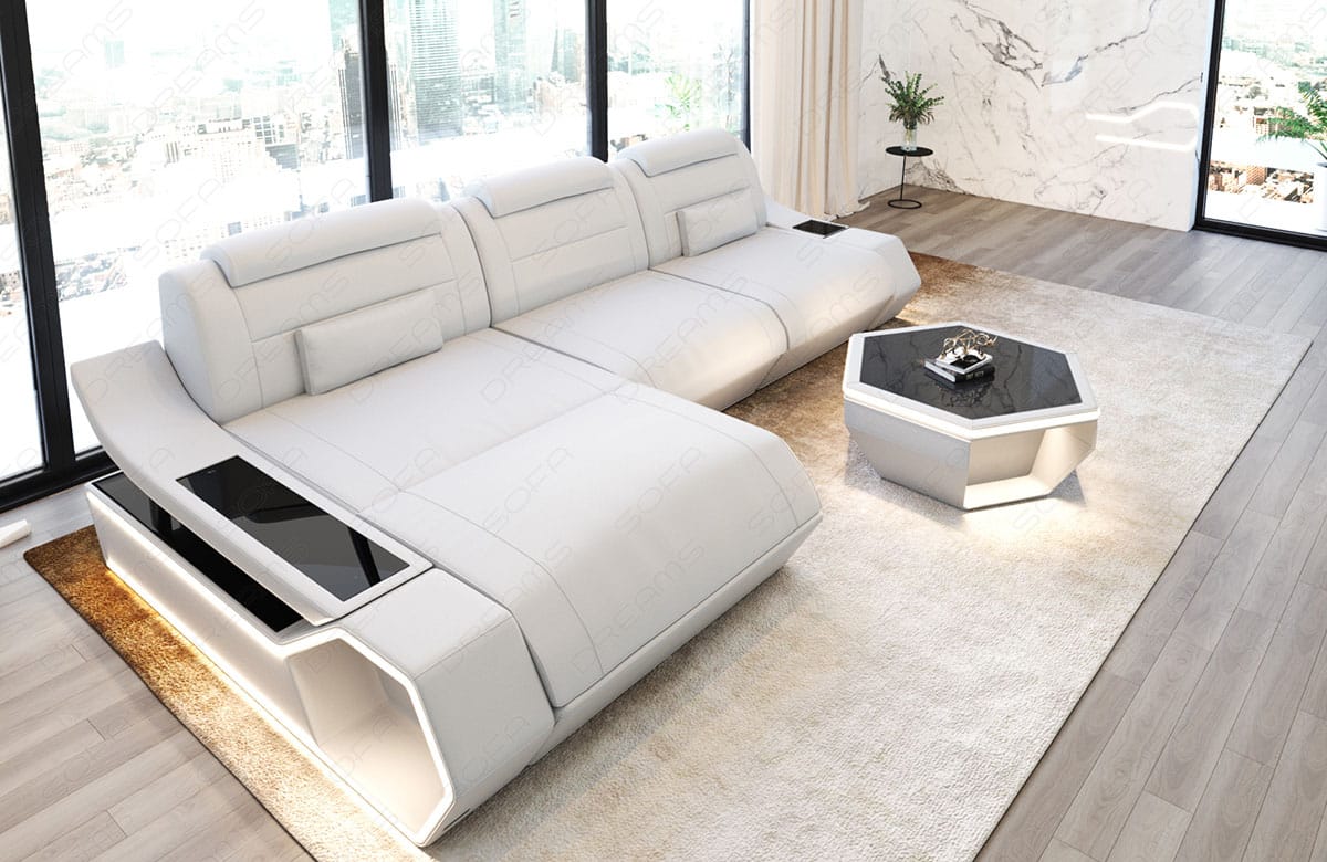 Ecksofa Toscano L Form Leder mit LED Beleuchtung weiß