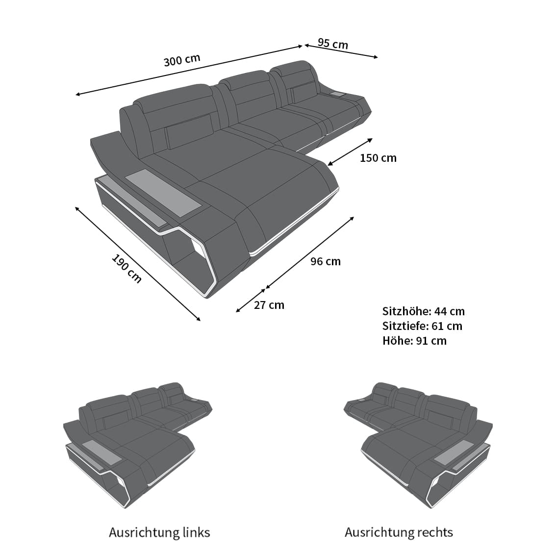 Ecksofa Toscano L Form Leder mit LED Beleuchtung weiß