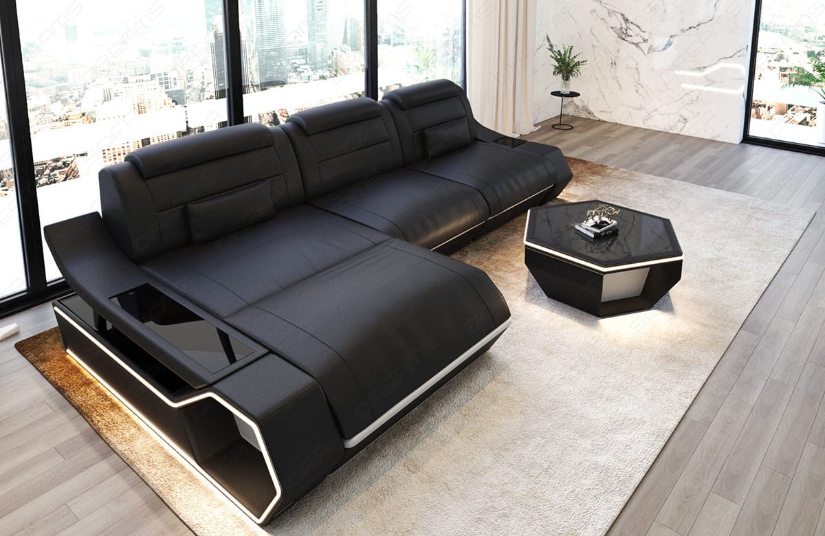 Ecksofa Toscano L-Form in Leder schwarz-weiß