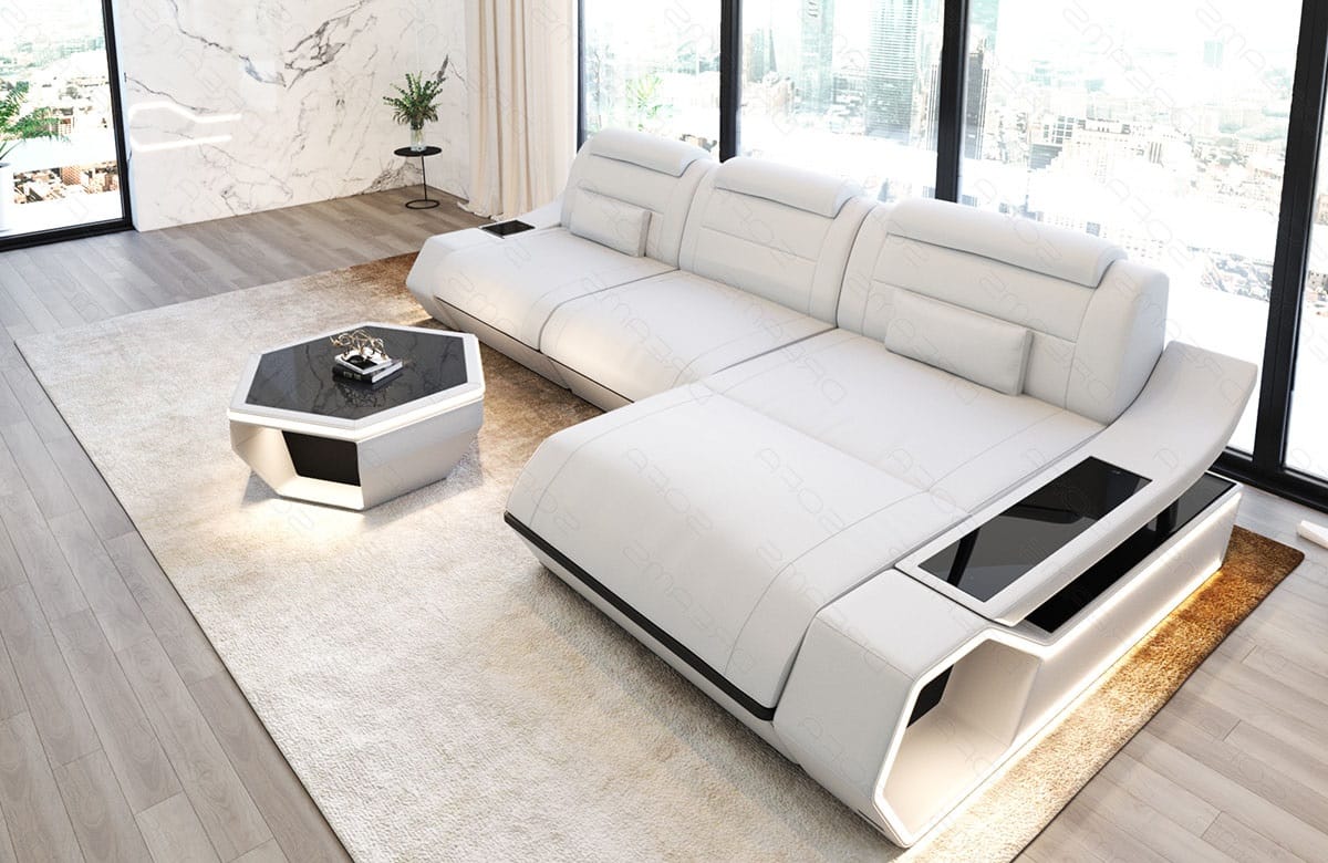 Ecksofa Toscano L Form Leder mit LED Beleuchtung weiß-schwarz