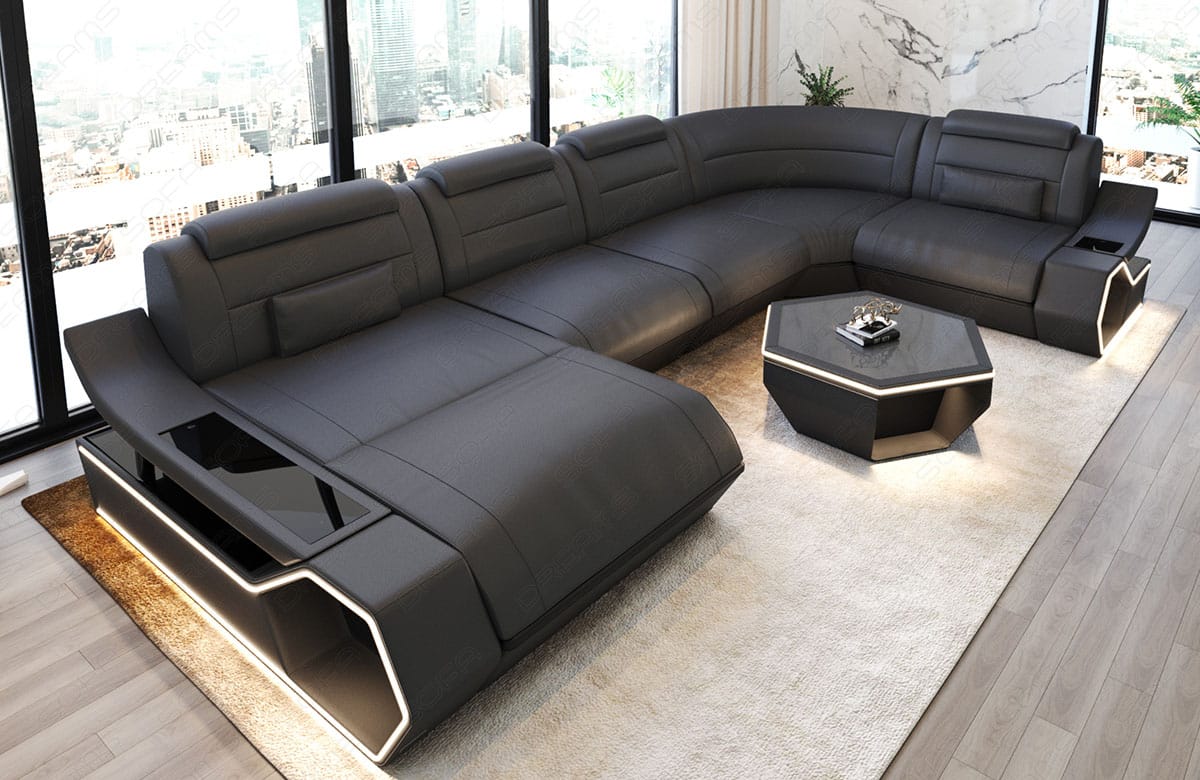 Leder Wohnlandschaft Toscano U Form – Luxus & Komfort grau-schwarz