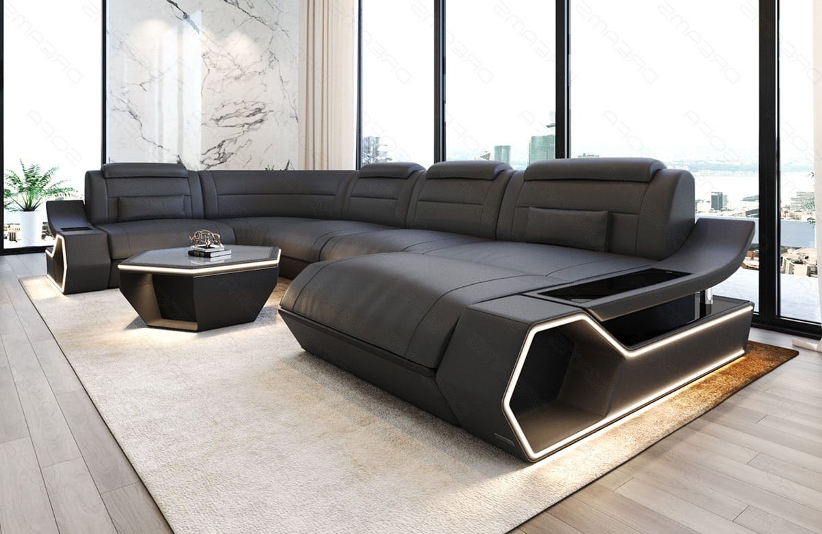 Leder Wohnlandschaft Toscano U Form – Luxus & Komfort grau-schwarz