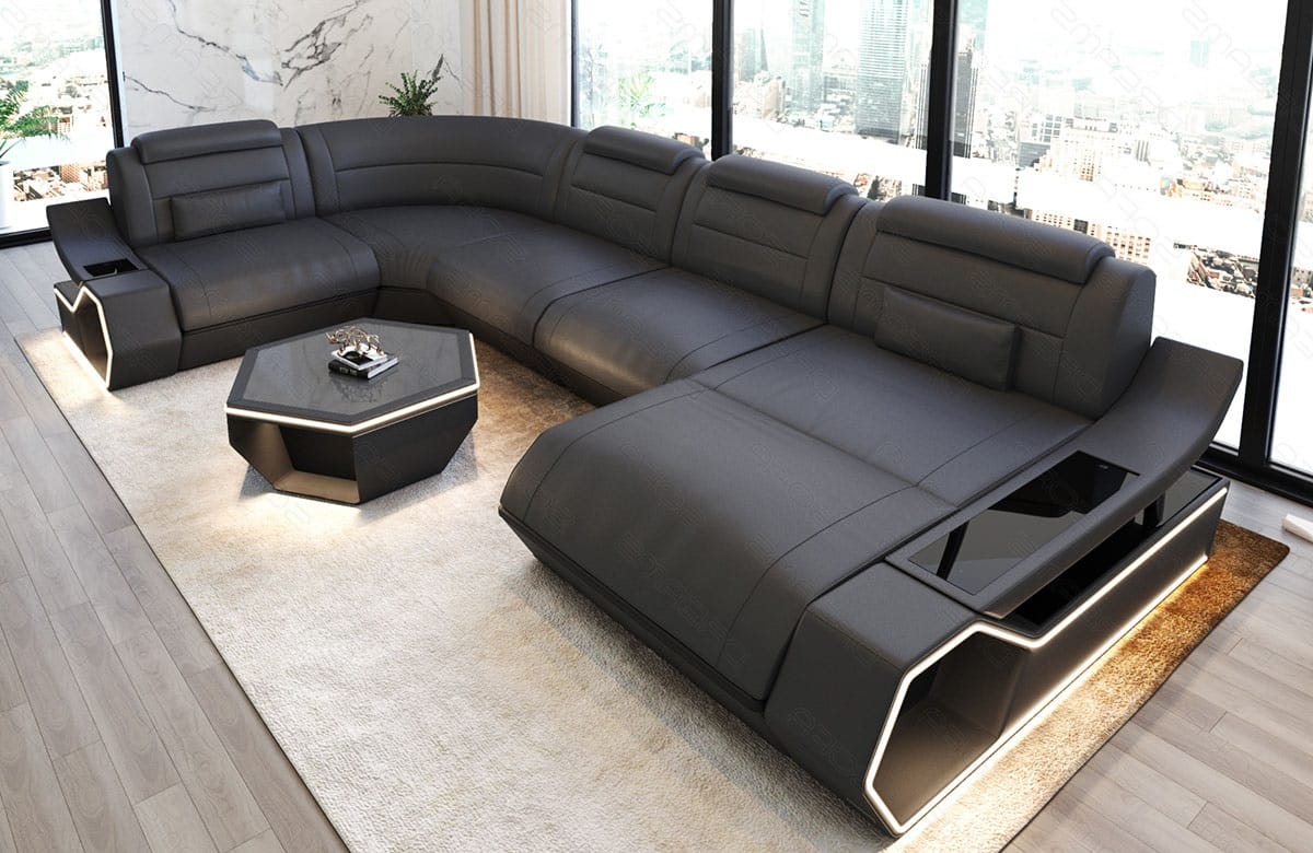 Leder Wohnlandschaft Toscano U Form – Luxus & Komfort grau-schwarz
