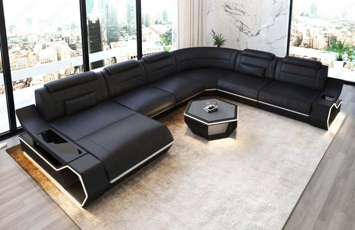 Wohnlandschaft Toscano XXL U-Form in Leder schwarz-weiß