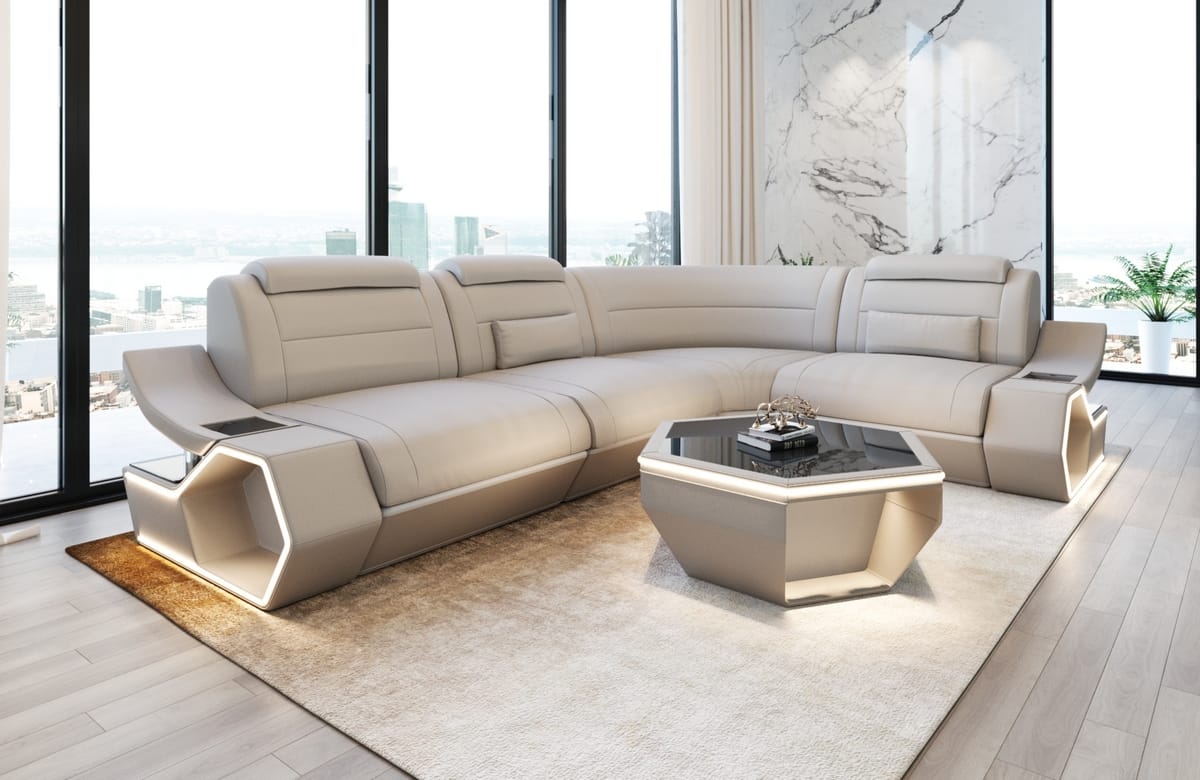 Couch Pescara L Form in Leder beige-weiß