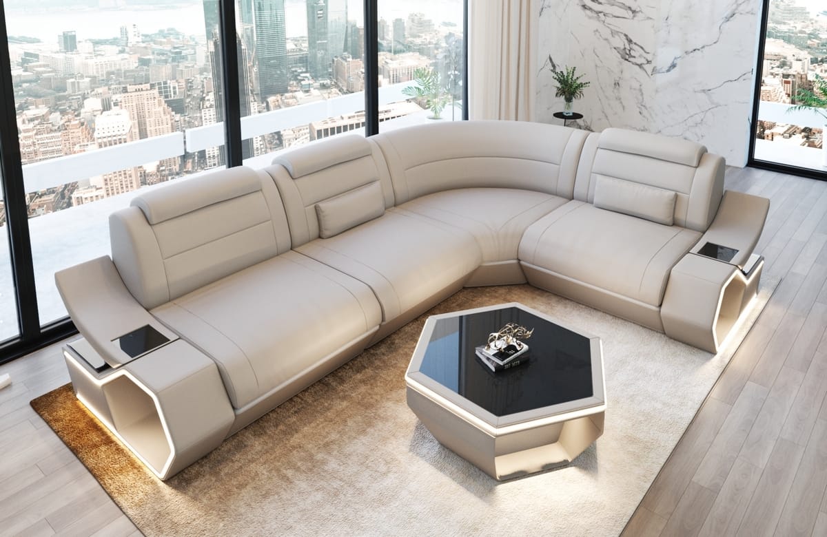 Couch Pescara L Form in Leder beige-weiß