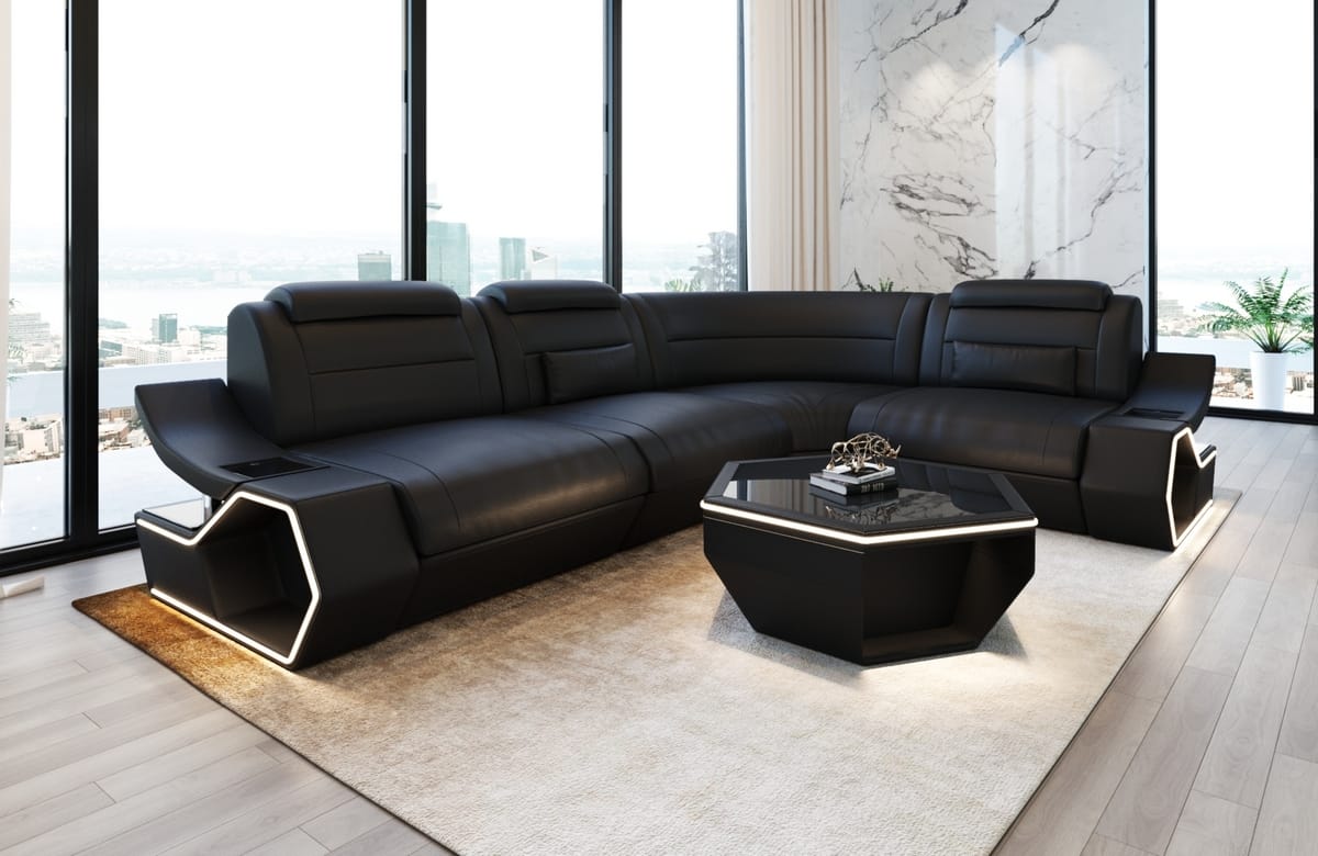 Couch Pescara L Form in Leder schwarz