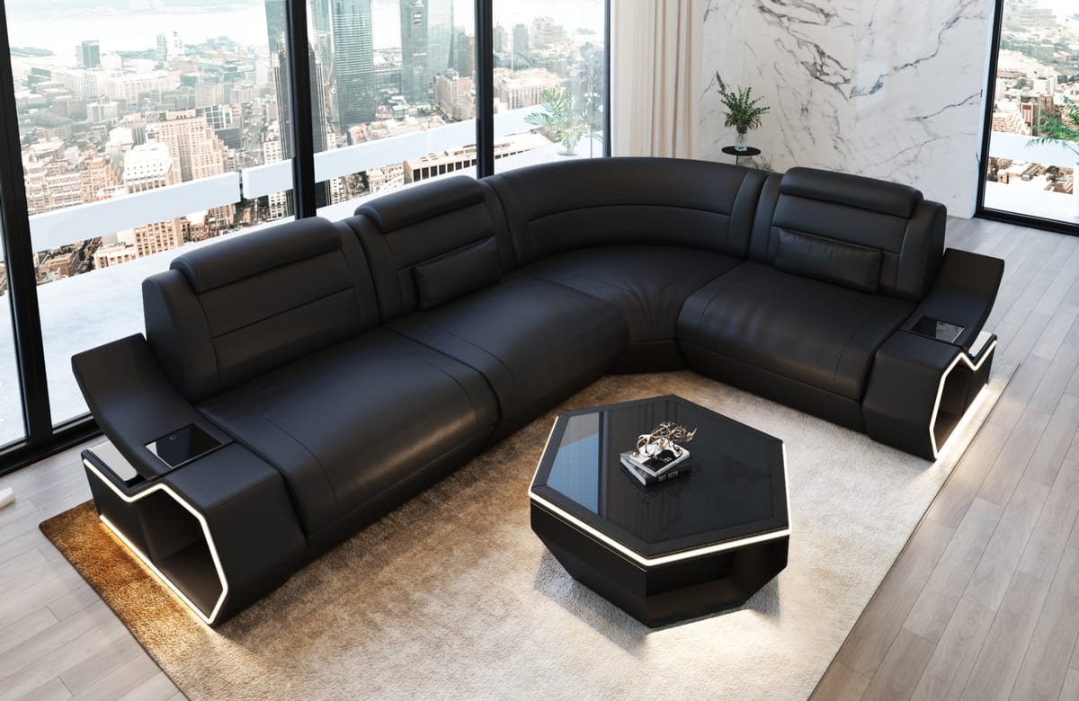 Couch Pescara L Form in Leder schwarz