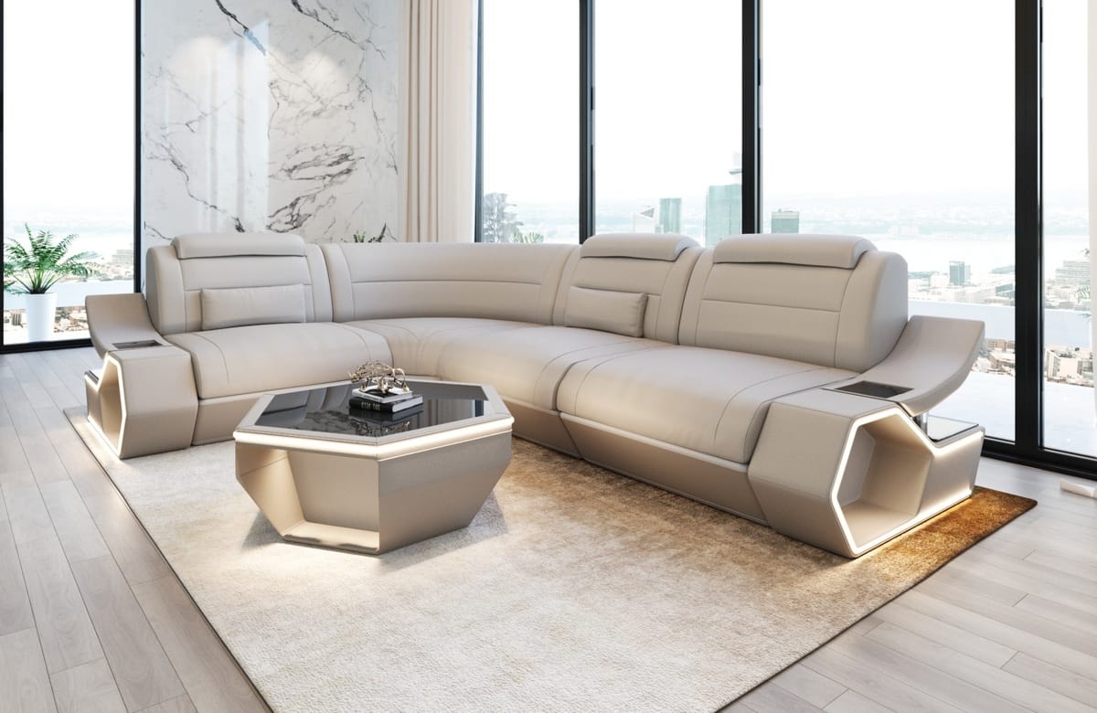 Couch Pescara L-Form in Leder beige-weiß