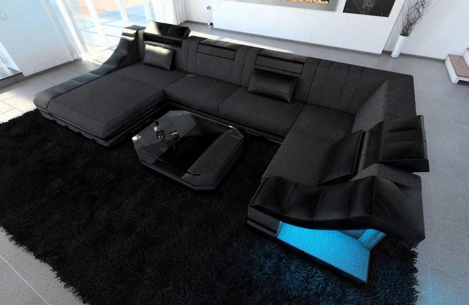 Wohnlandschaft Turino U-Form aus Stoff Schwarzgrau-Schwarz