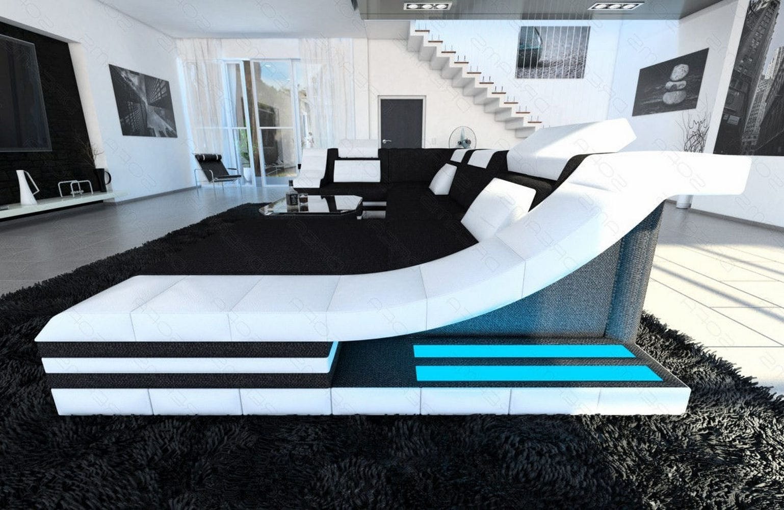 Design Stoff-Wohnlandschaft Turino U-Form Dunkelgrau-Weiß