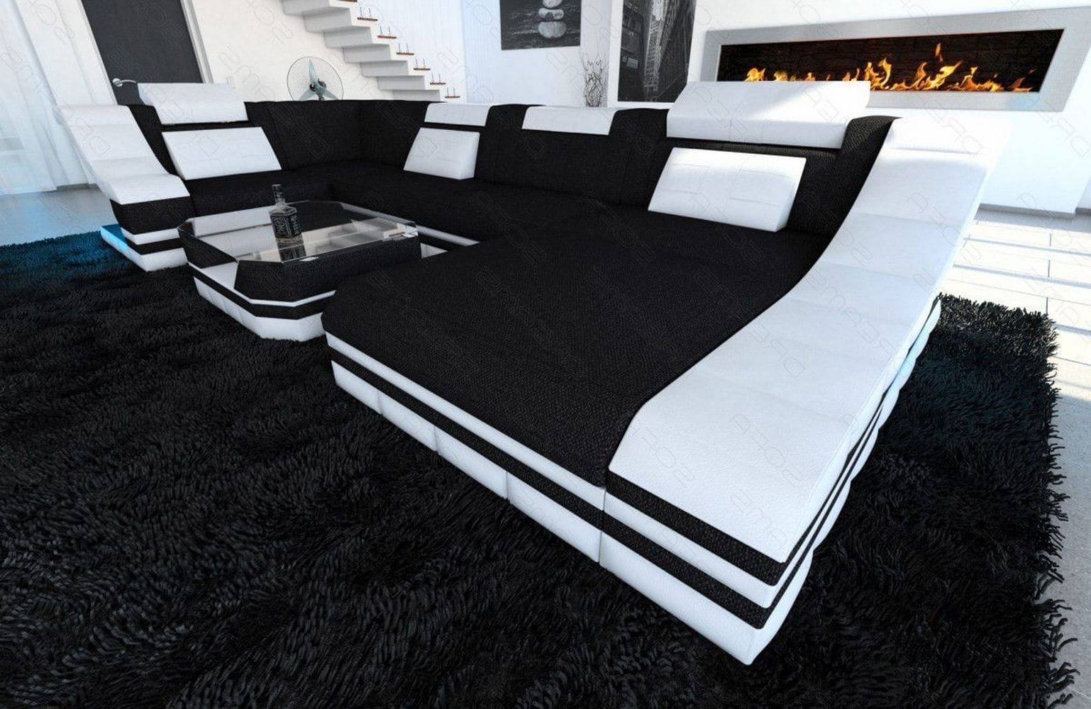 Design Stoff-Wohnlandschaft Turino U-Form Dunkelgrau-Weiß