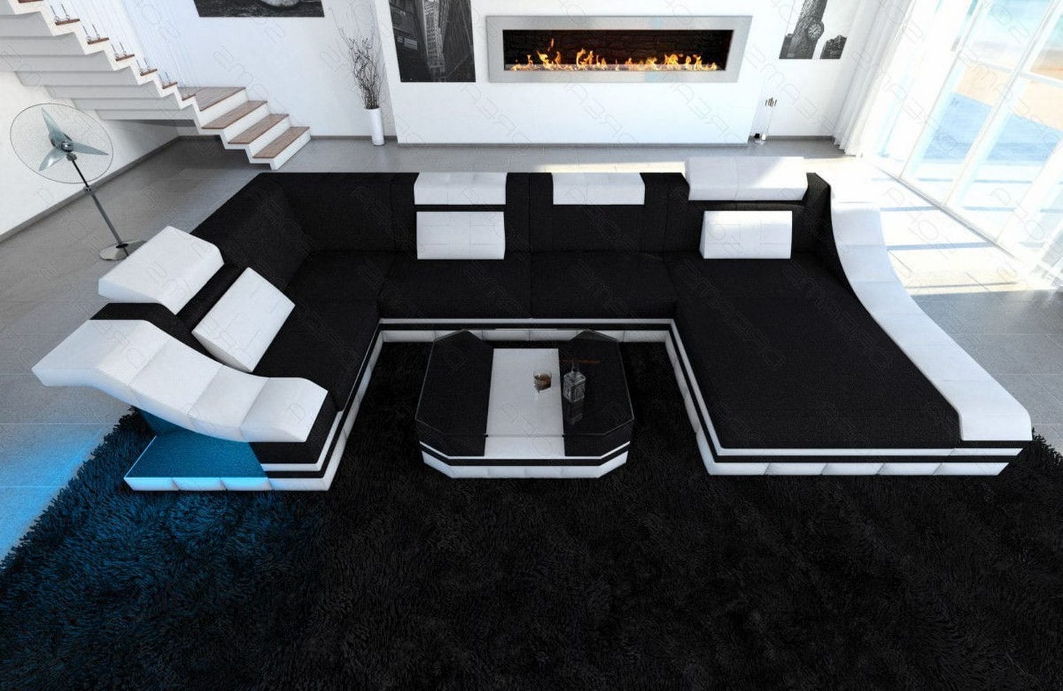 Design Stoff-Wohnlandschaft Turino U-Form Dunkelgrau-Weiß