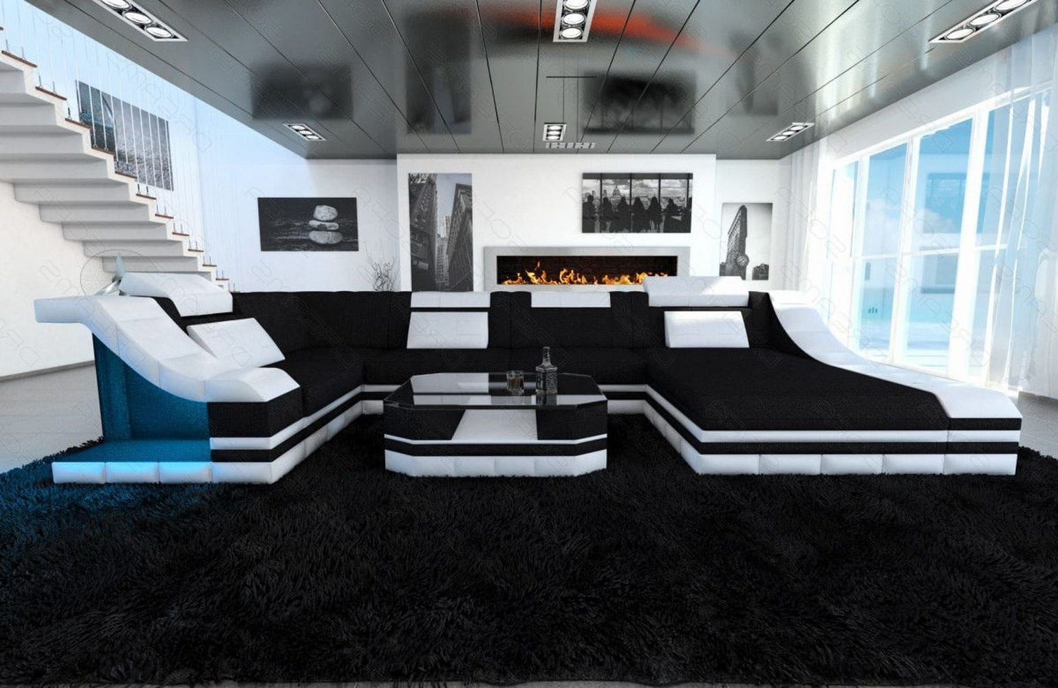 Design Stoff-Wohnlandschaft Turino U-Form Dunkelgrau-Weiß