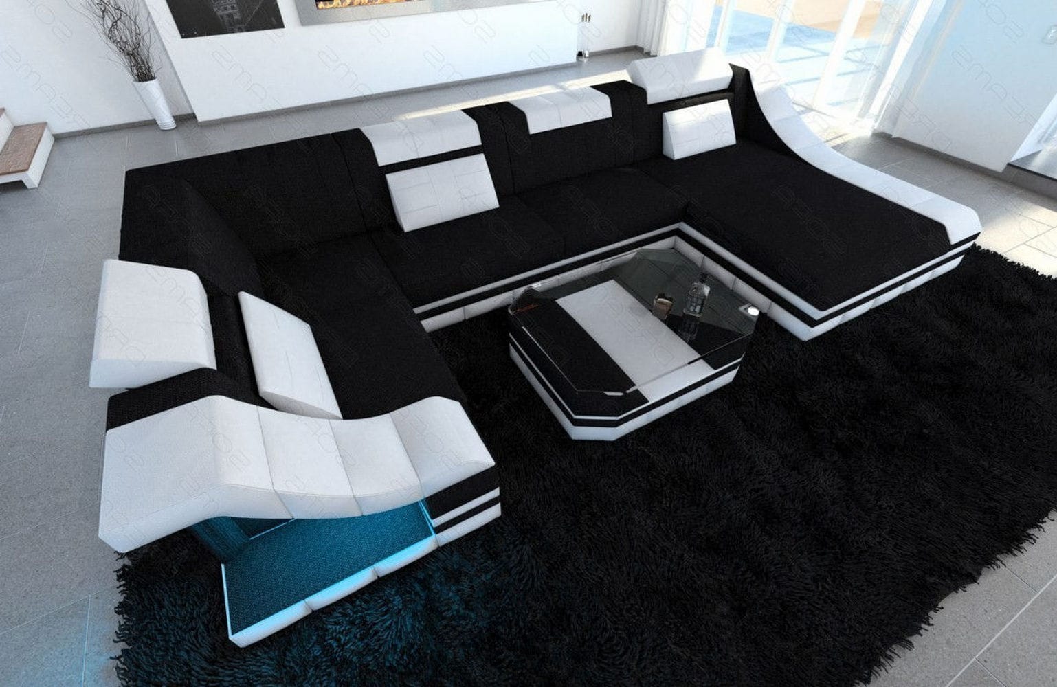 Design Stoff-Wohnlandschaft Turino U-Form Dunkelgrau-Weiß