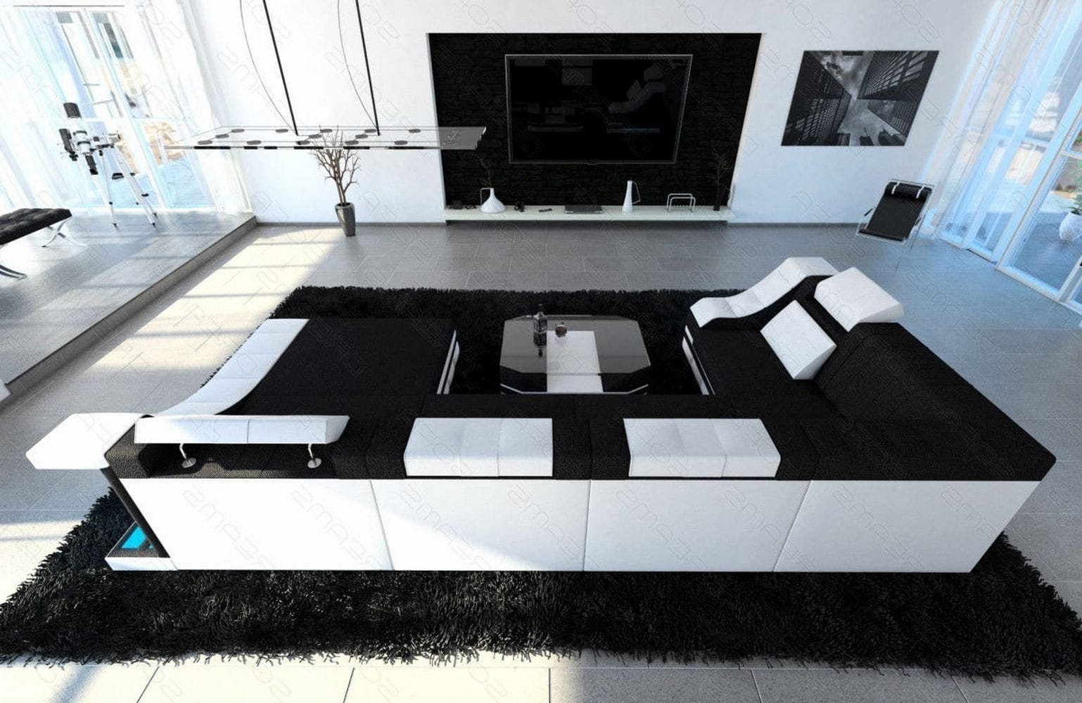 Design Stoff-Wohnlandschaft Turino U-Form Dunkelgrau-Weiß