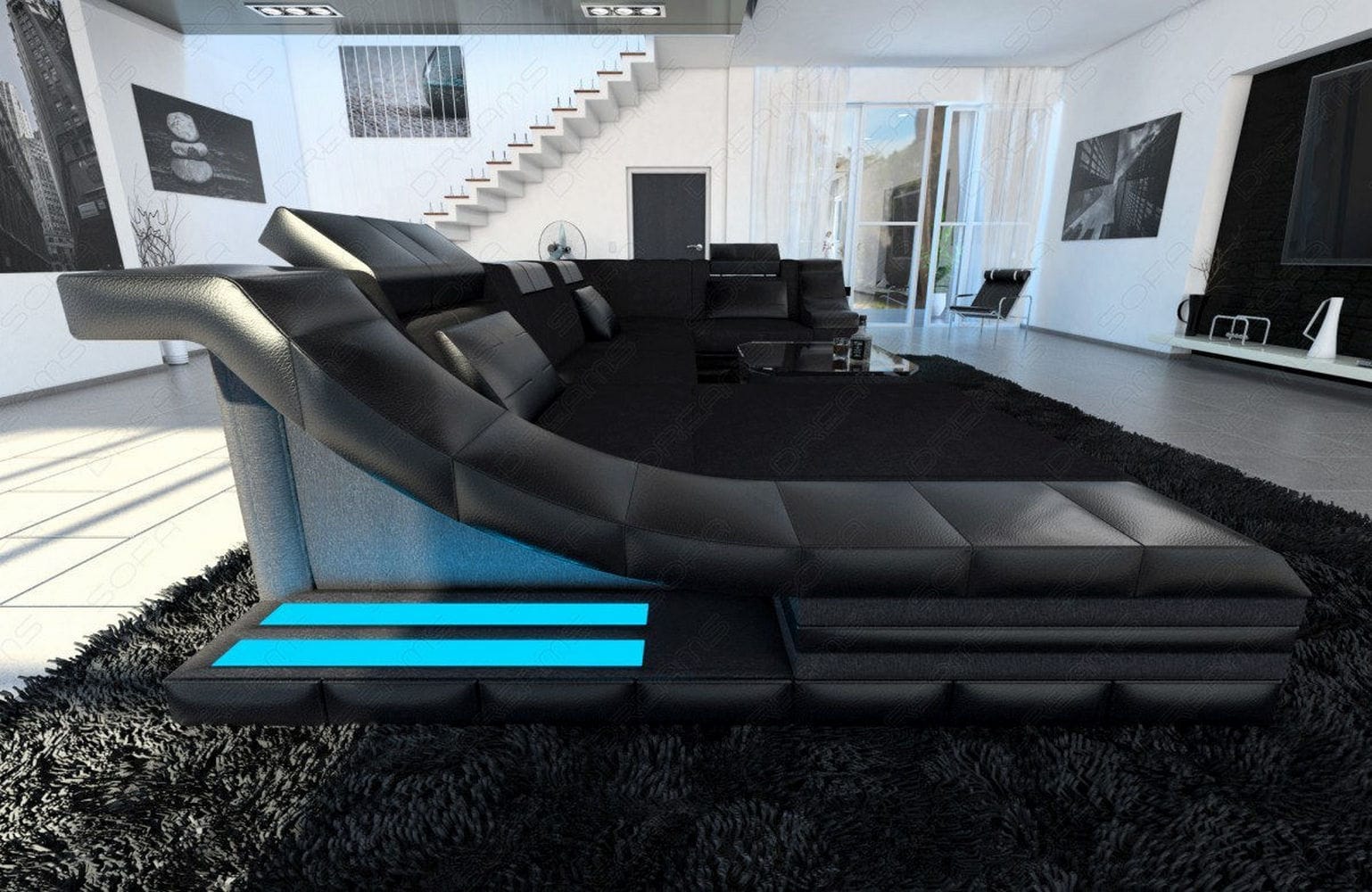 Wohnlandschaft Turino U-Form aus Stoff Schwarz-Schwarz