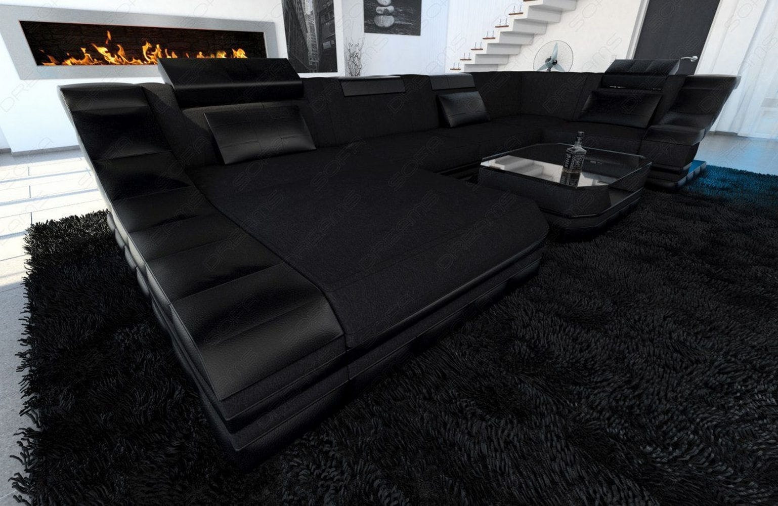 Wohnlandschaft Turino U-Form aus Stoff Schwarz-Schwarz
