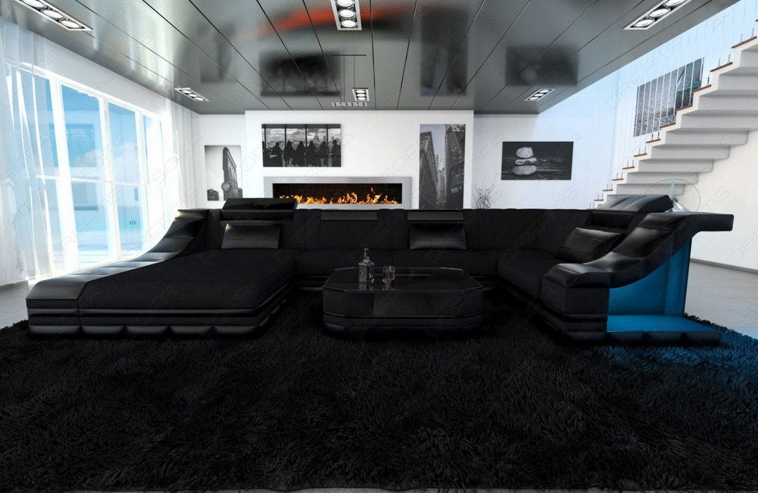 Wohnlandschaft Turino U-Form aus Stoff Schwarz-Schwarz
