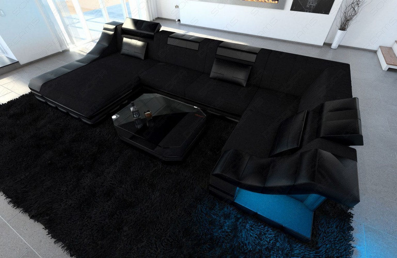 Wohnlandschaft Turino U-Form aus Stoff Schwarz-Schwarz