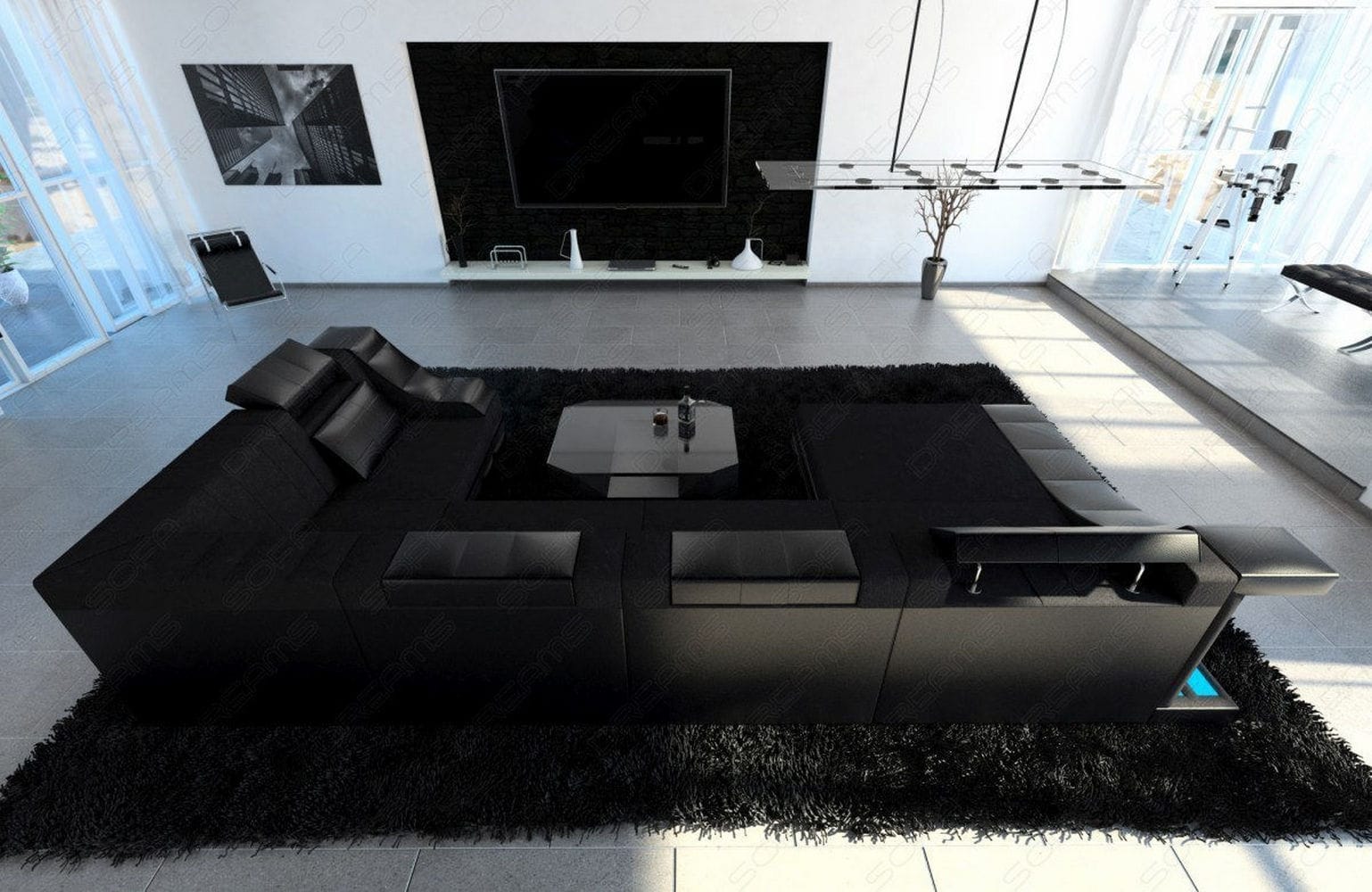 Wohnlandschaft Turino U-Form aus Stoff Schwarz-Schwarz