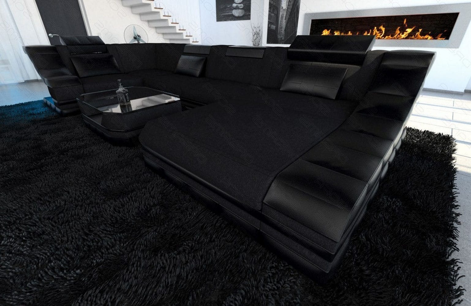 Wohnlandschaft Turino U Form aus Stoff schwarz-schwarz