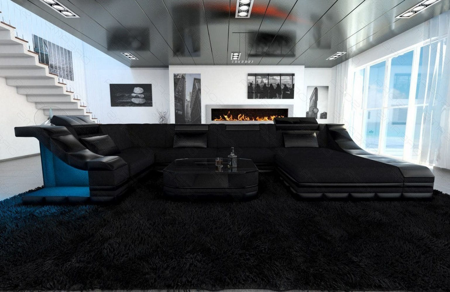 Wohnlandschaft Turino U Form aus Stoff schwarz-schwarz