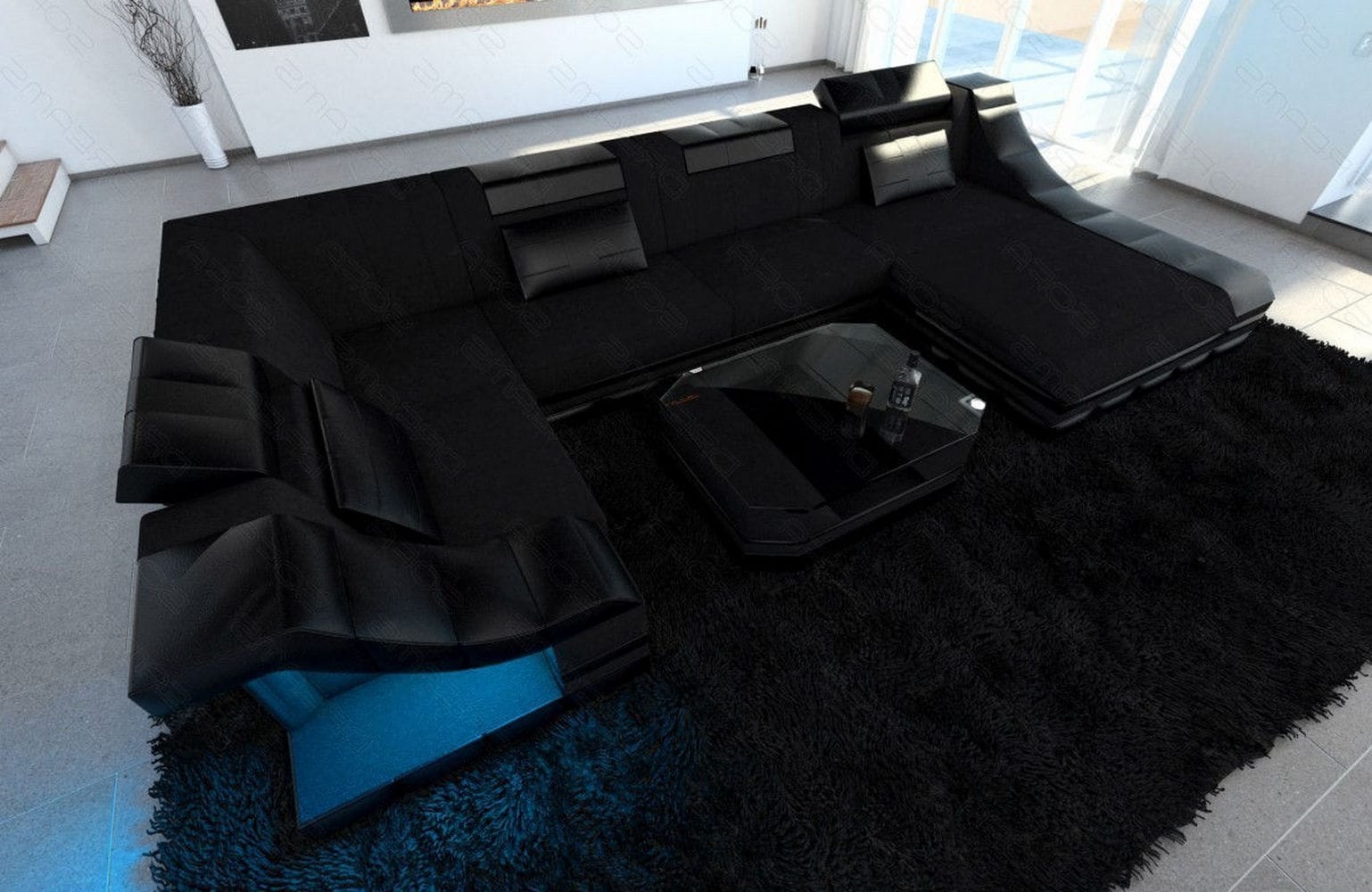Wohnlandschaft Turino U Form aus Stoff schwarz-schwarz