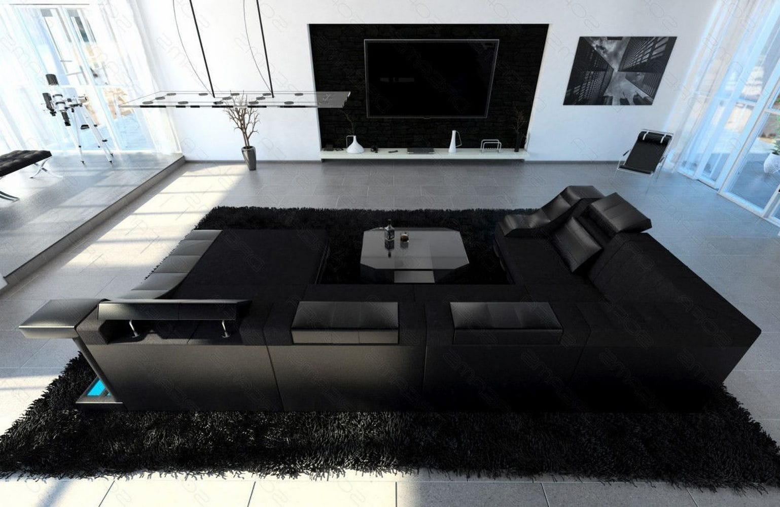 Wohnlandschaft Turino U Form aus Stoff schwarz-schwarz